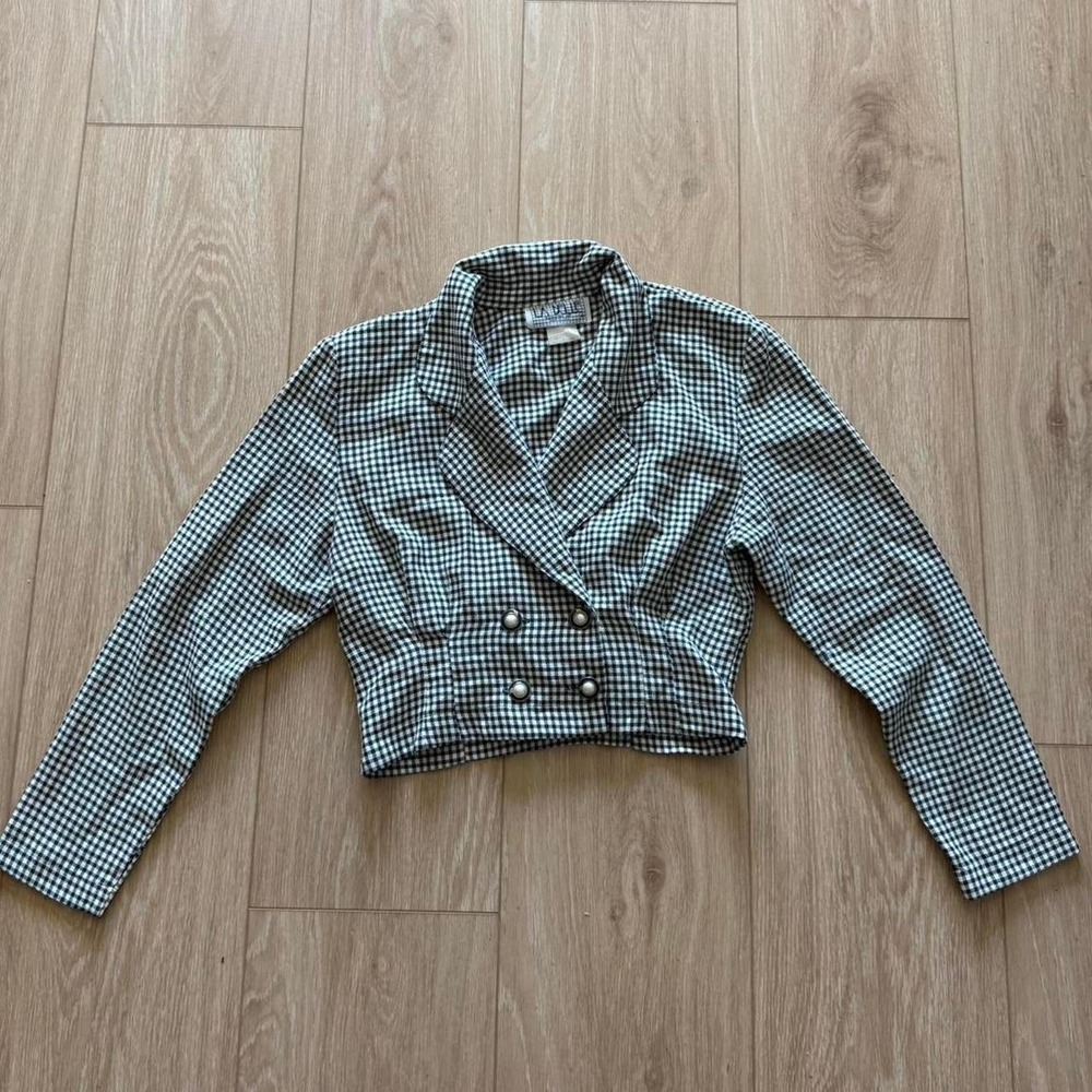 Vintage La Belle Cropped Teal/Navy Blue + White Plaid/Gingham Blazer